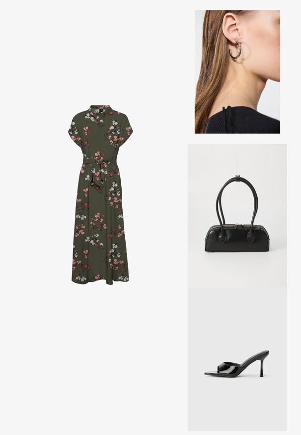 Maxi kjole med blomstermønster i mørkegrøn, der har korte ærmer, krave, en bælte om taljen og en svajende silhuet med pink og hvide accenter.; Sorte patenterede læder open-toe mules med en smal strop og stiletto hæl. Glat tekstur og minimalistisk design med en flad sål.; Sort læder håndtaske med to langstrakte håndtag, lynlåslukning og afrundet form; glat tekstur med en subtil blank finish.; Sølv hoop ørestik med en poleret overflade, prydet med små guld accenter og en rund form, båret på øreflippen.