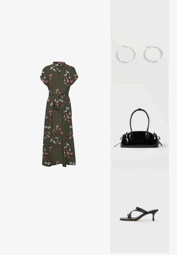 Tumedal floral trükkiga maxi-kleit, millel on lühikesed varrukad, krae, vöökoht ja voogav siluett roosa ja valge aksentidega.; Mustad mustad kingad ruudu varbaga, kaks ristuvat rihma, kuldne nööpkaunistus ja õhuke kõrge konts. Sile nahk tekstuur.; Väike must läikiv käekott kahe pika sangaga ja külgedel paelakinnitustega, ühel lihtsal helel taustal.; Hõbedased metallist rõngakujulised kõrvarõngad, millel on sile, kergelt kaarduv pind ja lukustuvad tagused kinnitused, valgel taustal.