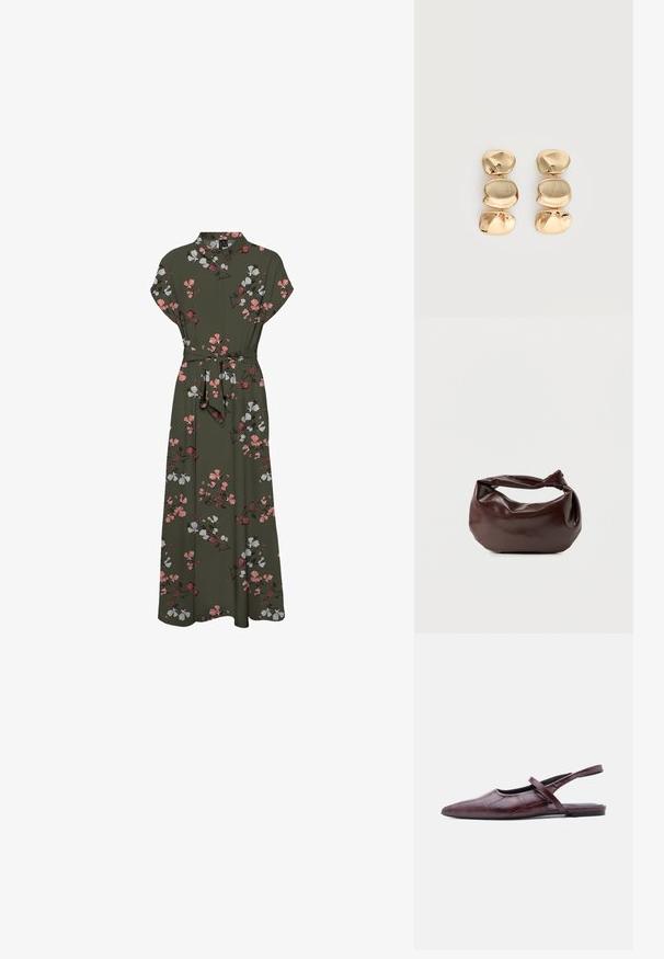 Maxi kjole med blomstermønster i mørkegrøn, der har korte ærmer, krave, en bælte om taljen og en svajende silhuet med pink og hvide accenter.; Bourgognefarvet læder flad slingback-sko med spids tå og tynd rem over vristen mod ensfarvet baggrund.; Mørkebrun læder skuldertaske med en blød, afslappet form og et snoet knudehåndtag på en ensartet hvid baggrund.; Øreringe i guldfarve med dråbeform og tre uregelmæssige, glatte, afrundede segmenter stablet lodret på en enkelt lys baggrund.