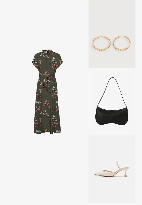 Tumedal floral trükkiga maxi-kleit, millel on lühikesed varrukad, krae, vöökoht ja voogav siluett roosa ja valge aksentidega.; ALDO NAILAH - Klassikalised kontsakingad - white/bone; Mustast nahast õlakott kõverate vormidega, tõmblukuga ja õhukese reguleeritava rihmaga; sile pind ja peen embosseeritud logoga detail.; Kuldvärvilised rõngaskõrvarõngad, millel on tekstuuriga disain väikeste ümmarguste helmeste profiiliga välisserval. Kerged ja turvalise sulgemissüsteemiga.