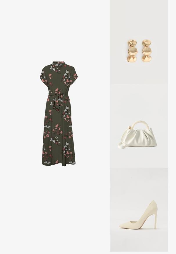Vestido maxi de estampado floral en verde oscuro, con mangas cortas, cuello, cintura ceñida con cinturón y una silueta fluida con acentos en rosa y blanco.; Zapato de tacón alto en color crema con punta afilada, hecho de piel suave, con un tacón delgado tipo stiletto y un ligero corte en los laterales.; Pequeño bolso blanco con cuerpo fruncido, asa redonda adornada con perlas y una correa de hombro desmontable sobre un fondo liso.; Pendientes colgantes en tono dorado con tres segmentos irregulares, lisos y redondeados apilados verticalmente sobre un fondo claro y liso.