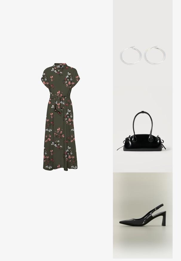 Maxi kjole med blomstermønster i mørkegrøn, der har korte ærmer, krave, en bælte om taljen og en svajende silhuet med pink og hvide accenter.; Sort laklæder slingback pumpt med spids tå, blokhæl i mellemstørrelse og justerbar spænde.; Lille sort blank håndtaske med to lange håndtag og snøre-detaljer i siden på en ensfarvet lys baggrund.; Par skinnende sølvøreringe med tynde trådlåse, vist på en lys grå baggrund.