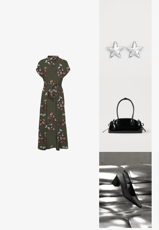 Maxi jurk met bloemenprint in donkergroen, met korte mouwen, een kraag, een ceintuur in de taille en een vloeiende silhouette met roze en witte accenten.; Zwarte slingback hak met een puntige neus, voorzien van een getextureerd oppervlak en een stevige blokhak. Geplaatst tegen een glanzende, metallic achtergrond.; Kleine zwarte glanzende handtas met twee lange hengsels en zijkant trekkoord details op een effen lichte achtergrond.; Zilveren stervormige oorbellen met een gepolijste, glanzende afwerking. Elke oorbel heeft vijf punten en subtiele textuurdetails op het oppervlak.