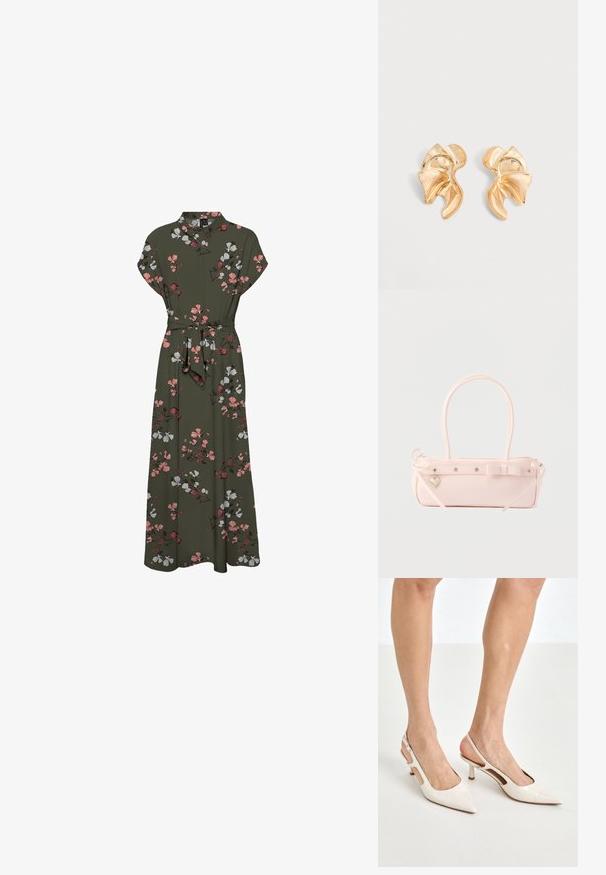 Maxi kjole med blomstermønster i mørkegrøn, der har korte ærmer, krave, en bælte om taljen og en svajende silhuet med pink og hvide accenter.; Beige patenterede læder slingback hæle med spids tå og 5 cm hæl, med udskårne sider og en tynd ankelrem.; Lyserød rektangulær håndtaske med dobbelte håndtag, dekorativ sløjfe, metalnitter og lille hjerteformet vedhæng på en ensfarvet baggrund.; Par af abstrakt formede skinnende guldfarvede metaløreringe med buet, rynket design på lys grå baggrund.