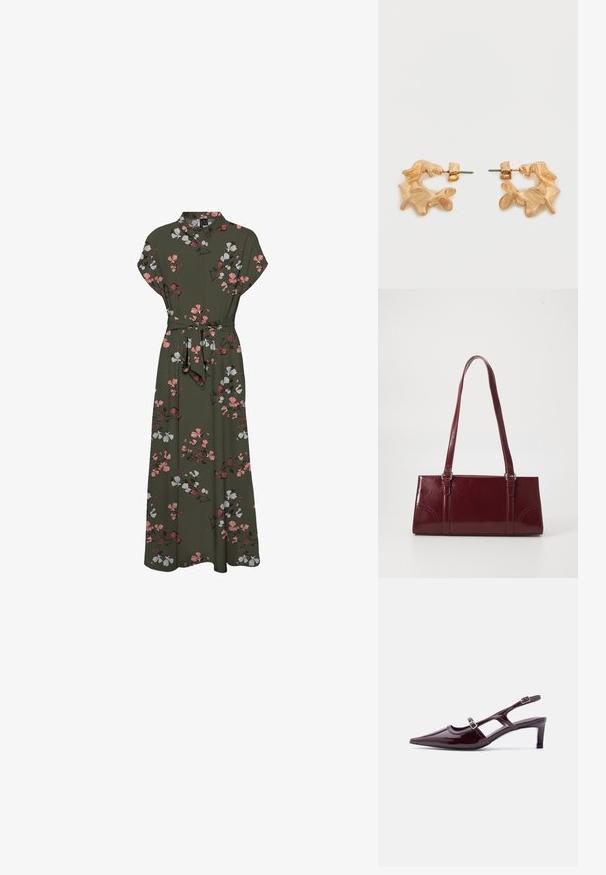 Maxi kjole med blomstermønster i mørkegrøn, der har korte ærmer, krave, en bælte om taljen og en svajende silhuet med pink og hvide accenter.; Bordeaux laklæder slingback-sko med spids tå, lav hæl og dobbelte justerbare spænderem.; Bordeaux håndtaske lavet af glansfuldt materiale, rektangulær form, med to skulderremme og subtile buede detaljer på forsiden.; Øreringe i guldfarve med en abstrakt, organisk form, der har en tekstureret overflade og lukkemekanisme med stik.
