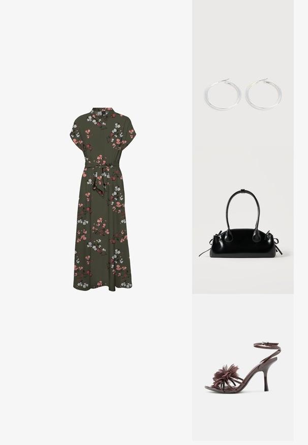 Maxi kjole med blomstermønster i mørkegrøn, der har korte ærmer, krave, en bælte om taljen og en svajende silhuet med pink og hvide accenter.; Brun laklæder sandal med høje hæle, ankelrem og stor stofblomst detaljeret på forreste remme.; Lille sort blank håndtaske med to lange håndtag og snøre-detaljer i siden på en ensfarvet lys baggrund.; Par skinnende sølvøreringe med tynde trådlåse, vist på en lys grå baggrund.