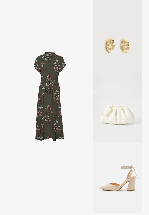 Maxi jurk met bloemenprint in donkergroen, met korte mouwen, een kraag, een ceintuur in de taille en een vloeiende silhouette met roze en witte accenten.; Beige hoge hak schoen met een puntige neus, enkelriempje en een brede blokhak. Glad synthetisch materiaal met een matte afwerking.; Witte leren handtas met een geassembleerd ontwerp, voorzien van een gouden kettingband en een ronde vorm. Gladde textuur met zachte plooien en geen patronen.; Een paar glanzende, onregelmatig gevormde gouden metalen oorbellen met een gekreukeld, glad oppervlak op een effen lichte achtergrond.