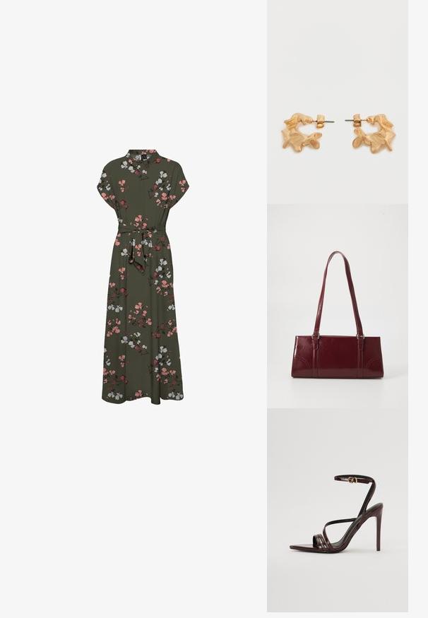 Tumedal floral trükkiga maxi-kleit, millel on lühikesed varrukad, krae, vöökoht ja voogav siluett roosa ja valge aksentidega.; Burgundi patendiga nahast kõrge kontsaga sandaalid, millel on pahkluu rihm, terav nina ja kolm horisontaalset rihma üle jala. Kuldtoneeritud pandla detail.; Burgundia värvi käekott, mis on valmistatud läikivast materjalist, ristküliku kujuline, kahe õlapaelaga ning ees on peened kaarjad aktsendid.; Kullatoonist kõrvarõngad abstraktse, orgaanilise kujuga, millel on tekstureeritud pind ja tagakinnitus.