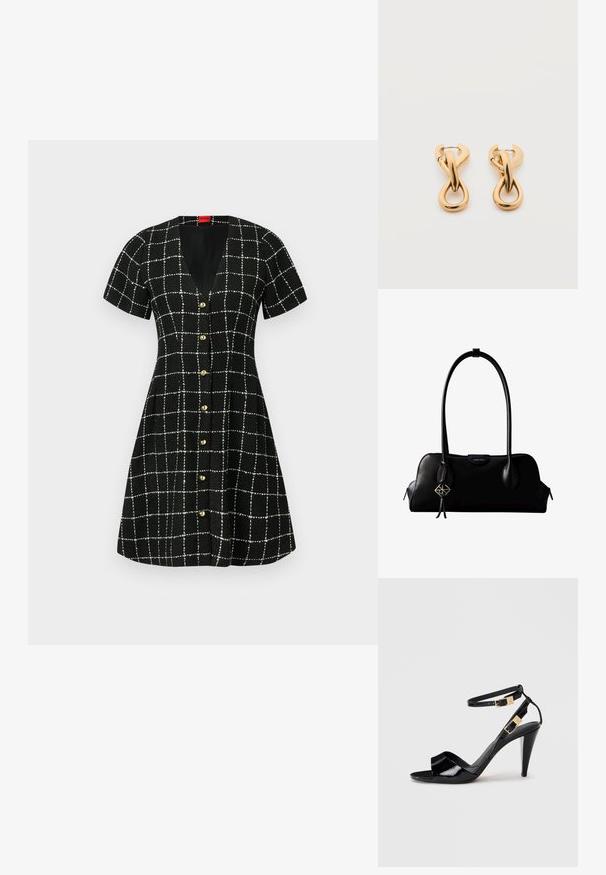 Robe noire à manches courtes, décolleté en V et boutons sur le devant. Présente un motif à carreaux blancs et une jupe évasée. Tissu texturé.; Sandale à talon haut en cuir verni noir avec double bride de cheville et boucles dorées, bout ouvert, et talon effilé sur fond neutre.; Sac à main en cuir noir Calvin Klein avec de longues anses, une étiquette logo à l'avant et un charme géométrique argenté suspendu à une anse.; Paire de boucles d'oreilles créoles en bouclettes dorées brillantes sur fond blanc uni, présentant un design torsadé entrelacé.