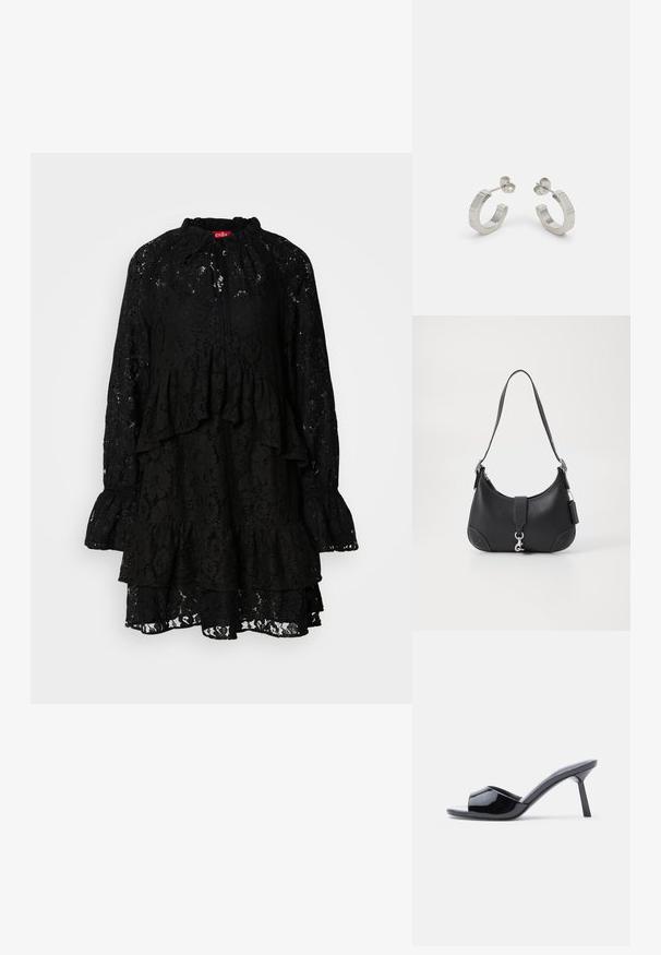 Vestido negro de encaje con mangas largas, volantes en los niveles, un cuello alto con lazos y un patrón floral texturizado en todo el vestido.; Sandalias de tacón con punta abierta de charol negro, con un diseño superior curvado y tacón de aguja cónico. Acabado liso y brillante.; Bolso de mano de cuero negro con forma curvada, asas superiores, herrajes plateados y costuras en contraste. Cuenta con una correa frontal y acentos de costura.; Pendientes aros de metal plateado con un diseño texturizado, que cuentan con un pequeño respaldo de clip y una marca en uno de los aros. Forma redondeada con un acabado pulido.