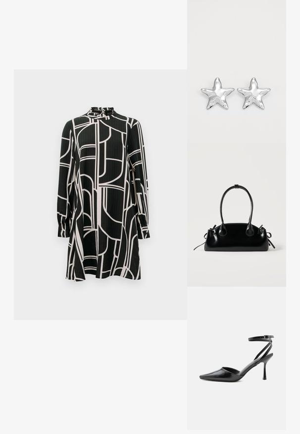 Zwarte jurk met lange mouwen, abstracte witte geometrische lijnen, hoge kraag met kleine ruches en een lichte A-lijn silhouet.; Zwarte pumps met puntige neus, dunne enkelbandjes en een zilveren gesp op een effen lichte achtergrond.; Kleine zwarte glanzende handtas met twee lange hengsels en zijkant trekkoord details op een effen lichte achtergrond.; Zilveren stervormige oorbellen met een gepolijste, glanzende afwerking. Elke oorbel heeft vijf punten en subtiele textuurdetails op het oppervlak.