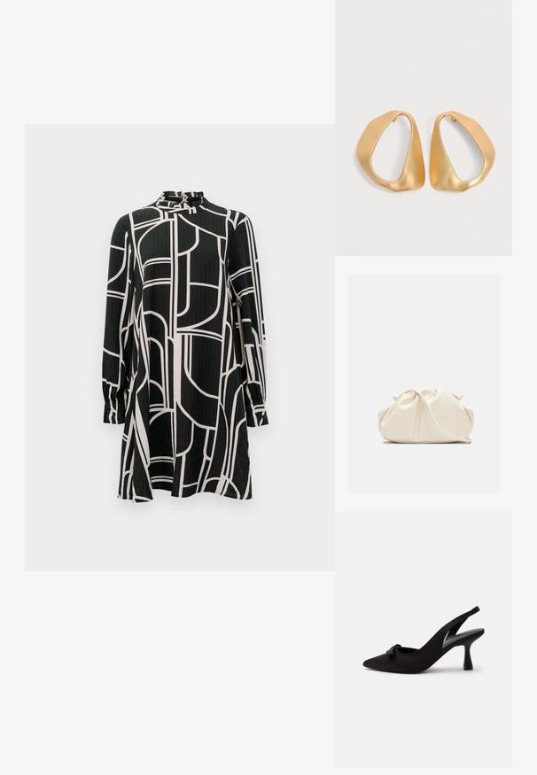 Sort langærmet kjole med abstrakte hvide geometriske linjer, høj krave med små flæser og let A-formet silhuet.; Sort peep-toe slingback højhælet sko med en lille sløjfe foran og en smal hæl, vist mod en hvid baggrund.; Blød, cremefarvet læder clutch taske med samlet, rynket design og en tynd skulderrem, der hviler foran på en ensfarvet baggrund.; Par af uregelmæssige, asymmetriske gyldne hoop-øreringe med en glat, mat finish på en neutral baggrund.