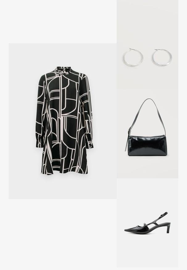 Zwarte jurk met lange mouwen, abstracte witte geometrische lijnen, hoge kraag met kleine ruches en een lichte A-lijn silhouet.; Zwarte lakleren slingback schoen met een spits toelopende neus, lage hak en twee verstelbare gespen, zijaanzicht.; Zwarte rechthoekige schoudertas met een enkele verstelbare band en een bovenste ritssluiting op een effen achtergrond.; Zilverkleurige metalen creolen oorbellen met een glad, licht gebogen oppervlak en sluitingen met haaksluiting op een effen witte achtergrond.