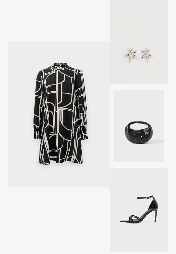 Zwarte jurk met lange mouwen, abstracte witte geometrische lijnen, hoge kraag met kleine ruches en een lichte A-lijn silhouet.; Zwarte lakleren sandalen met hoge hak, dunne enkelband, open teen en minimalistisch ontwerp op een effen lichte achtergrond.; Zwarte leren handtas met een afgeronde vorm, versierd met zilveren studs, en een korte handgreep. Gladde textuur en ritsluiting.; Zilverkleurige stervormige oorringen met een gladde, gepolijste afwerking op een effen witte achtergrond.