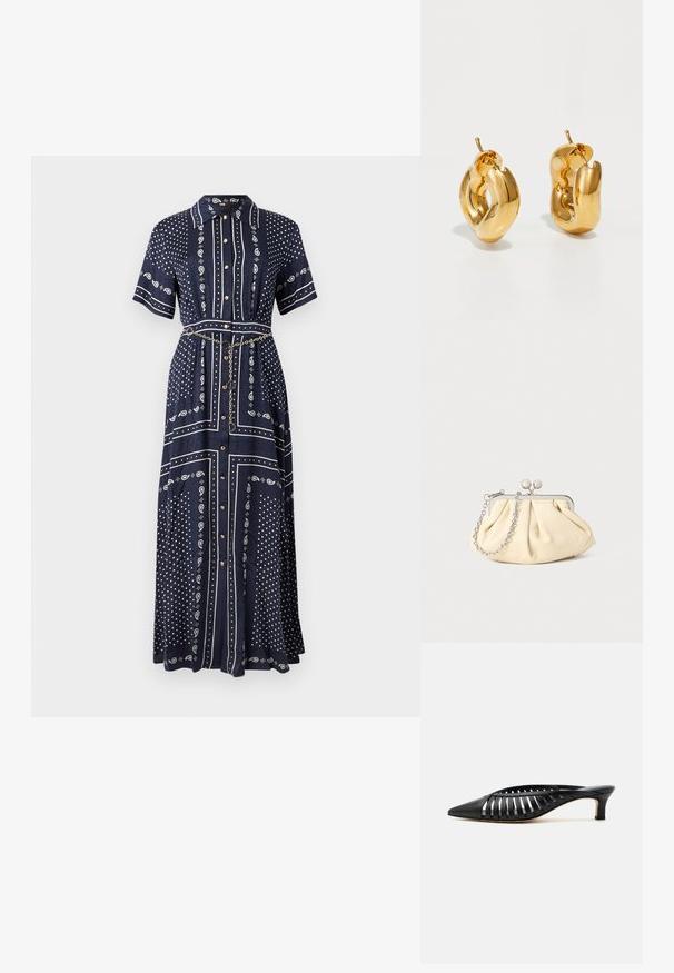 Robe longue bleu marine à manches courtes, motifs cachemire et points blancs, boutons à l'avant, col, et une fine ceinture chaîne dorée à la taille.; Mule en cuir noir avec bout pointu, design découpé à brides et petit talon kitten sur fond blanc.; Pochette en cuir beige plissé avec un cadre en métal argenté, dotée de deux fermoirs ronds décoratifs et d'une chaîne en argent.; Boucles d'oreilles créoles en or massif avec un design tubulaire légèrement tordu et des fermoirs à tige sur un fond blanc.