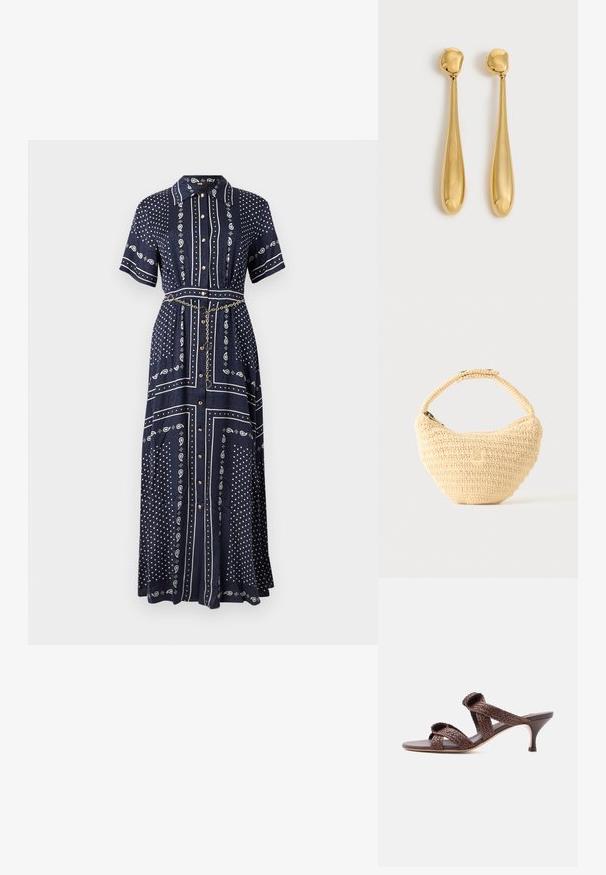 Robe longue bleu marine à manches courtes, motifs cachemire et points blancs, boutons à l'avant, col, et une fine ceinture chaîne dorée à la taille.; Sandale mule en cuir tressé marron avec deux brides et un petit talon bas sur fond blanc uni.; Sac à main beige tissé avec corps arrondi, fermeture éclair et une sangle courte et épaisse dans un style crochet simple et texturé.; Paire de longues boucles d'oreilles dorées, lisses et brillantes, en forme de goutte avec des sommets arrondis et des formes de goutte effilées sur un fond clair.