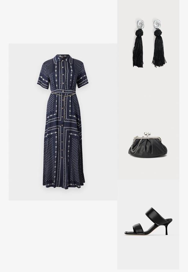 Robe longue bleu marine à manches courtes, motifs cachemire et points blancs, boutons à l'avant, col, et une fine ceinture chaîne dorée à la taille.; Sandale mule en cuir noir avec deux larges brides et un talon stiletto fin de hauteur moyenne sur un fond clair uni.; Porte-monnaie en cuir noir avec texture froncée, cadre en métal argenté, fermeture à verrouillage kiss-lock et bandoulière en chaîne. Surface lisse et douce.; Clous en métal torsadé argenté avec des dessus noués noirs et de longues pampilles noires suspendues sous chaque boucle d'oreille.