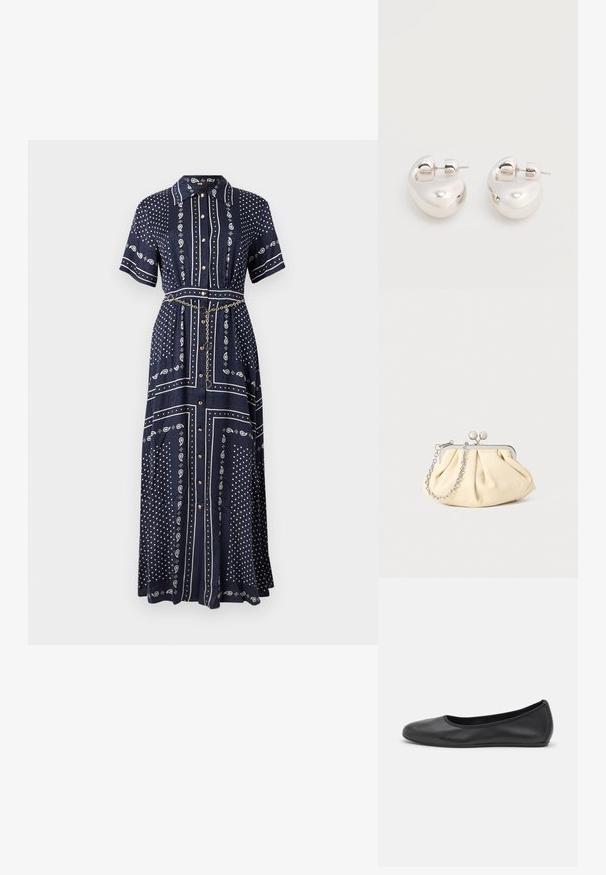 Robe longue bleu marine à manches courtes, motifs cachemire et points blancs, boutons à l'avant, col, et une fine ceinture chaîne dorée à la taille.; Ballerines en cuir noir avec un bout rond, texture lisse, détails de couture minimalistes et design de semelle flexible.; Pochette en cuir beige plissé avec un cadre en métal argenté, dotée de deux fermoirs ronds décoratifs et d'une chaîne en argent.; Paire de boucles d'oreilles argentées brillantes et épaisses avec fermoirs à tige, sur fond blanc uni.
