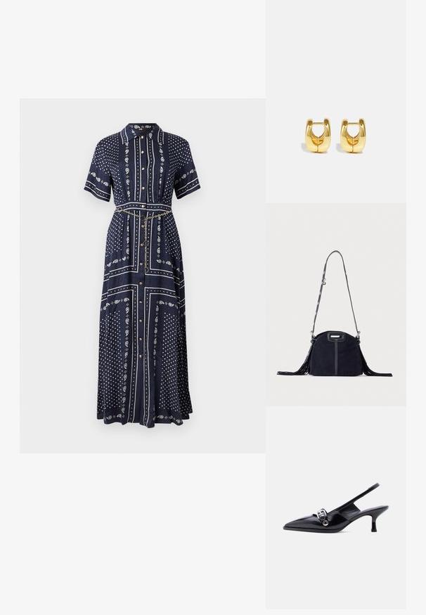 Robe longue bleu marine à manches courtes, motifs cachemire et points blancs, boutons à l'avant, col, et une fine ceinture chaîne dorée à la taille.; Chaussure à talon bas en cuir verni noir avec bride arrière, bout pointu et détail boucle argentée sur fond blanc uni.; Sac à main en daim bleu foncé avec des coutures blanches, une poignée découpée, une bandoulière à motif et de longues franges des deux côtés.; Boucles d'oreilles en or avec un design élégant et arrondi. Présentent un centre creux et une surface brillante, complétant les styles modernes.