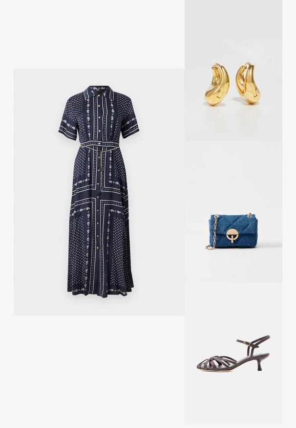 Robe longue bleu marine à manches courtes, motifs cachemire et points blancs, boutons à l'avant, col, et une fine ceinture chaîne dorée à la taille.; Sandale à talon kitten en cuir marron foncé avec lanières et bride de cheville réglable à boucle sur fond blanc.; Vanessa Bruno MOON - Sac à main - indigo; Boucles d'oreilles en or en forme de d'anneaux lisses et courbés avec une finition polie. Équipées d'un mécanisme de fermeture et de légères indentations pour le détail.