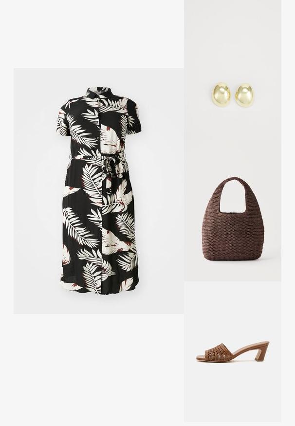 Schwarzes knopfbares Kleid mit einem weißen und burgunderfarbenen tropischen Blattmuster, kurzen Ärmeln, einem Bindegürtel in der Taille und einer fließenden Silhouette.; Brauner gewebter Open-Toe-Mule mit Blockabsatz und Slip-On-Design auf schlichtem weißen Hintergrund.; Braune gehäkelte Tote-Tasche mit breitem Griff und abgerundeter rechteckiger Form auf einfarbig hellem Hintergrund.; Goldfarbene Metallstanzohrringe mit einer glatten, abgerundeten Form und polierter Oberfläche. Einfaches Design ohne zusätzliche Verzierungen.