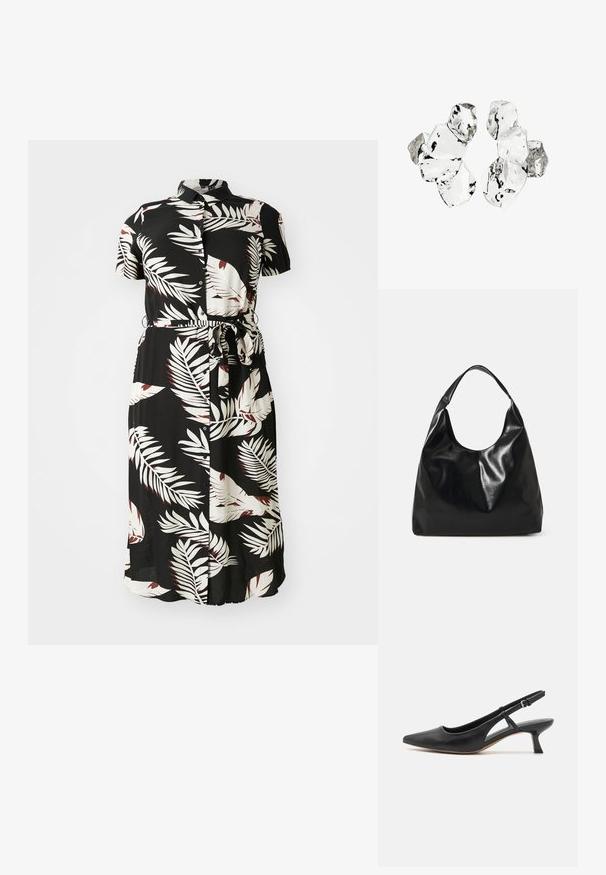 Schwarzes knopfbares Kleid mit einem weißen und burgunderfarbenen tropischen Blattmuster, kurzen Ärmeln, einem Bindegürtel in der Taille und einer fließenden Silhouette.; Schwarzer Leder-Slingback-Schuh mit spitzem Zehenbereich, niedrigem Blockabsatz, ausgeschnittenem Seitendetail und verstellbarem Knöchelriemen. Glatte Textur über das gesamte Design.; Schwarze Leder-Hobo-Tasche mit einer weichen, glänzenden Textur und einem runden, offenen Oberteil. Verfügt über einen breiten, gebogenen Tragegurt. Keine sichtbaren Beschläge.; Cluster von sechs unregelmäßig geformten, transluzenten und reflektierenden glasähnlichen Stücken, angeordnet auf weißem Hintergrund.