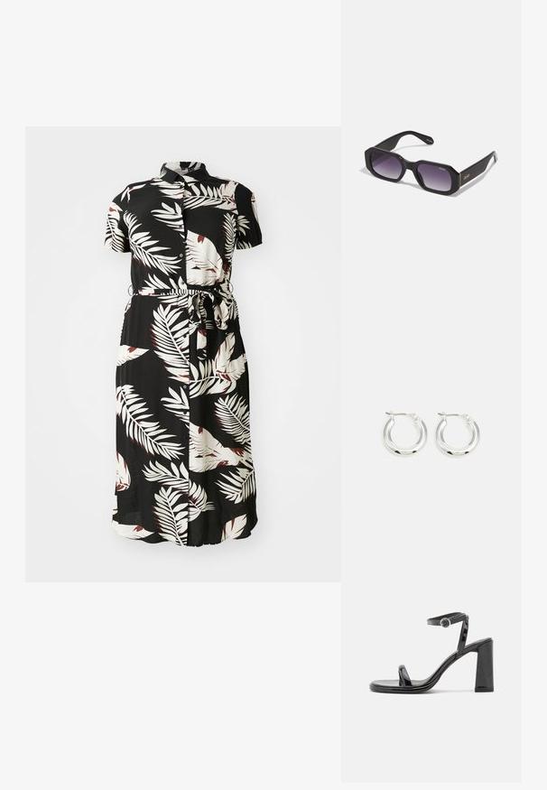Schwarzes knopfbares Kleid mit einem weißen und burgunderfarbenen tropischen Blattmuster, kurzen Ärmeln, einem Bindegürtel in der Taille und einer fließenden Silhouette.; Call it Spring Riemensandalette - black; Schwarze oversized Sonnenbrille mit flacher Front, dunkelvioletten, gradienten Gläsern und goldfarbenen Bügeln, die mit dem Markenlogo "Quay" versehen sind.; Silberne Creolen mit glänzender Oberfläche, die eine kreisrunde Form haben und mit einem schwenkbaren Verschluss ausgestattet sind. Glatte Textur mit minimalen Details.