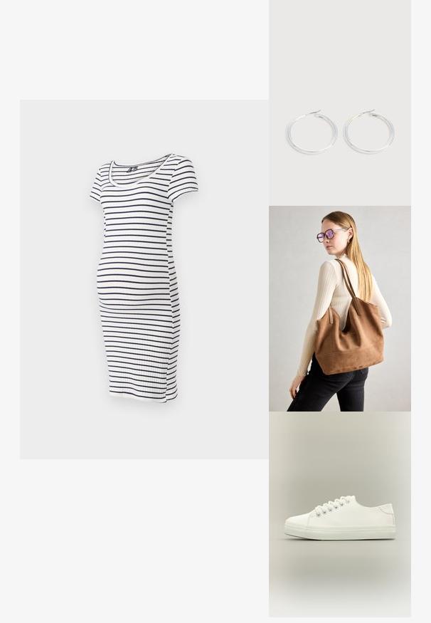 Gestreepte zwangerschapsjurk met korte mouwen, gemaakt van ribgebreid materiaal. Beschikt over een aansluitende silhouette en een ronde halslijn. Kleuren: wit en marineblauw.; Witte lage sneaker met witte veters en rubberen zool, zijaanzicht op een neutrale achtergrond.; Bruine suède totebag met zachte textuur, grote opening en lange hengsels. Het heeft een eenvoudig ontwerp met zichtbare stiksels en geen hardware.; Een paar glanzende zilveren oorringen met dunne draadafsluitingen, getoond op een lichtgrijze achtergrond.
