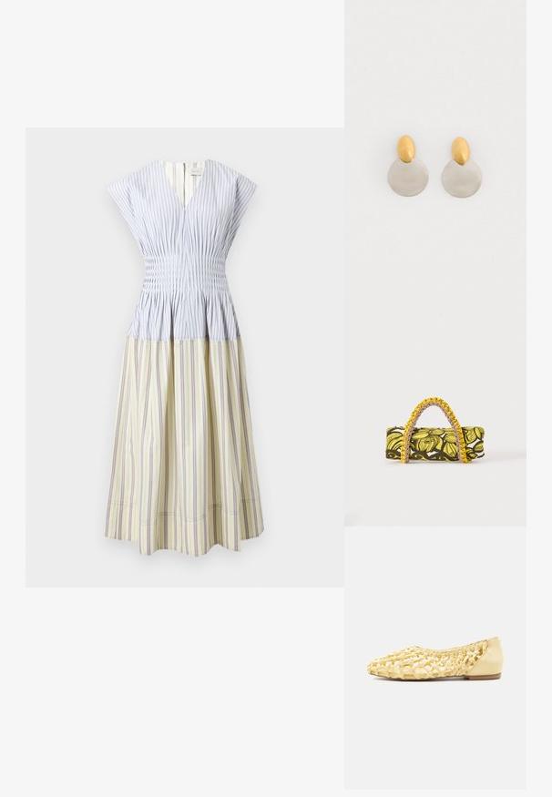 Sleeveless midi dress with V-neck, fitted ruched bodice, and pleated skirt in vertical blue and beige stripes.; Light yellow woven leather flat shoe with closed heel and open lattice design, suitable for casual wear.; Rectangular bag with yellow and black floral pattern and braided yellow and pink handle on white background.; Gold and silver metal earrings featuring a round disc base and an oval top piece, smooth texture, and polished finish.