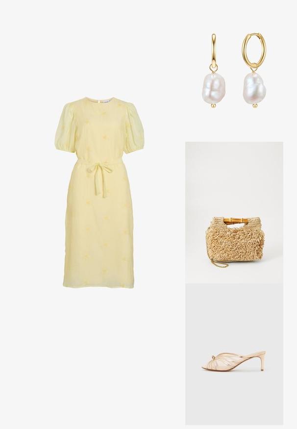 Vestido midi amarillo claro con mangas abullonadas, escote redondo, cinturón de tela atado en la cintura y sutil bordado floral en toda la prenda.; Sandalia tipo mule de punta abierta en color dorado metálico, con un tacón delgado de altura media y tiras delgadas entrecruzadas sobre un fondo neutro.; Bolso de paja tejido con asas de bambú, que presenta un diseño de flecos texturizados en beige natural y una correa de cadena dorada.; Pendientes de aro de oro con perlas blancas irregulares, superficie pulida y pequeños acentos dorados en la parte inferior de cada perla.