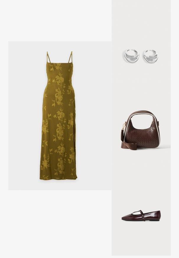 Robe maxi vert olive avec fines bretelles et un subtil motif jacquard floral, ajustée en haut et fluide en bas.; Chaussure plate en cuir bordeaux foncé avec un bout pointu et une fine bride en T avec une boucle argentée sur fond blanc.; Sac à main en cuir tressé marron avec passepoil blanc, fermeture éclair dorée et bandoulière amovible en tissu marron.; Paire de boucles d'oreilles anneaux en argent poli avec un design de barre incurvée superposée sur un fond clair uni.