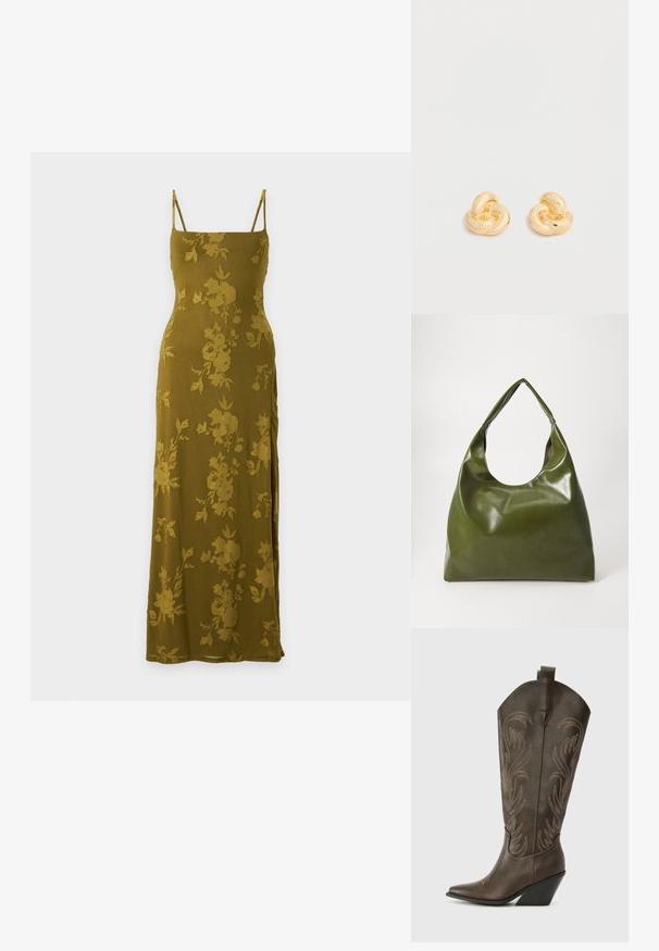 Robe maxi vert olive avec fines bretelles et un subtil motif jacquard floral, ajustée en haut et fluide en bas.; Botte de cowboy en cuir marron avec un embout pointu, un talon compensé et des broderies décoratives. Dispose d'un long tige et d'une languette de tirage.; Sac hobo en cuir vert au design décontracté, avec une poignée incurvée et une texture lisse. Ne contient aucun matériel ou accent visible.; Paire de clous d'oreilles en forme de nœud, couleur or brillant, sur un fond blanc uni.
