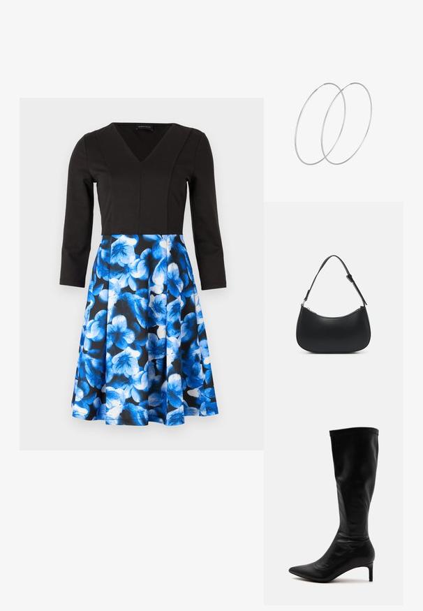 Schwarzes Kleid mit langen Ärmeln und V-Ausschnitt. Der Rock hat ein blaues Blumenmuster auf dunklem Hintergrund. Aus glattem Stoff gefertigt, enganliegendes Oberteil.; Schwarzer kniehoher Lederstiefel mit spitzer Zehe und schlankem, mittelhohem Absatz vor einfachem hellem Hintergrund.; Pieces PCALUANA SHOULDER BAG - Handtasche - black; Silberne Creolen mit minimalistischem Design. Rundform, glatte Oberfläche und dünnes Profil. Leichtgewichtig mit hochglänzender Oberfläche.