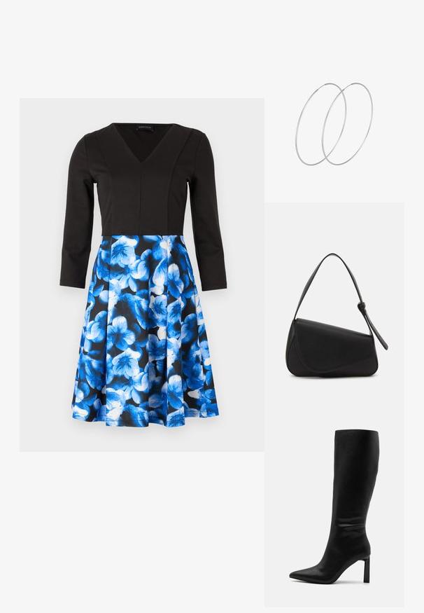 Schwarzes Kleid mit langen Ärmeln und V-Ausschnitt. Der Rock hat ein blaues Blumenmuster auf dunklem Hintergrund. Aus glattem Stoff gefertigt, enganliegendes Oberteil.; Even&Odd by Zalando Stiefel - black; Schwarze Lederhandtasche mit dreieckiger Form, schrägem Klappdeckel und rundem Oberhandgriff. Verfügt über eine glatte Textur und minimalistische Designdetails.; Silberne Creolen mit minimalistischem Design. Rundform, glatte Oberfläche und dünnes Profil. Leichtgewichtig mit hochglänzender Oberfläche.