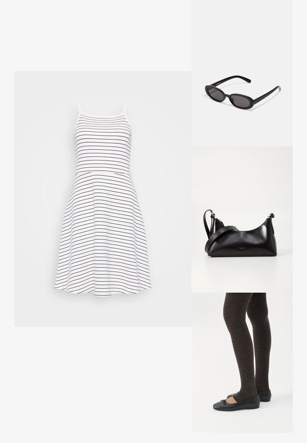 Vestido sin mangas a rayas en blanco y azul marino. Un cuerpo ajustado que se transforma en una falda acampanada. Hecho de una tela suave y ligera.; Piernas con leggings oscuros acanalados combinados con bailarinas negras que presentan pequeños detalles de lazo sobre un fondo blanco.; Even&Odd by Zalando Gafas de sol - black; Bolso de mano de cuero negro con una textura suave. Cuenta con una correa ajustable y un diseño elegante y minimalista con cierre de cremallera.