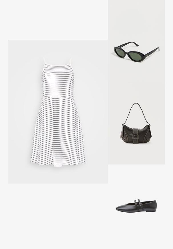 Vestido sin mangas a rayas en blanco y azul marino. Un cuerpo ajustado que se transforma en una falda acampanada. Hecho de una tela suave y ligera.; Zapatos planos de cuero negro con punta puntiaguda, con dos detalles de tiras con herrajes circulares y una suela baja y plana. Textura suave en toda la superficie.; Gafas de sol Ray-Ban ovaladas negras con lentes tintados en verde y varillas delgadas, colocadas en ángulo sobre una superficie blanca.; Bolso de hombro de cuero negro con detalle de correa con hebilla, bordes curvos y costuras blancas en contraste sobre un fondo liso.