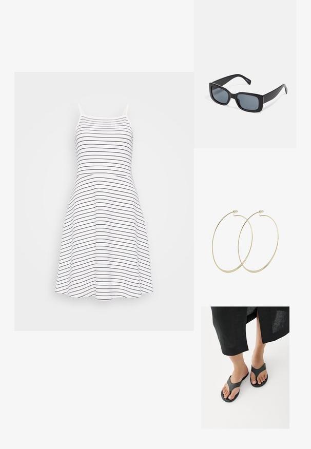 Vestido sin mangas a rayas en blanco y azul marino. Un cuerpo ajustado que se transforma en una falda acampanada. Hecho de una tela suave y ligera.; Primer plano de pies con sandalias negras de cuero tipo chancla y el dobladillo de una falda negra visible por encima de los tobillos sobre un suelo blanco.; Gafas de sol rectangulares negras con lentes oscuros, montura de plástico grueso y patillas anchas. Superficie lisa y diseño anguloso.; Pilgrim Pendientes - gold-coloured