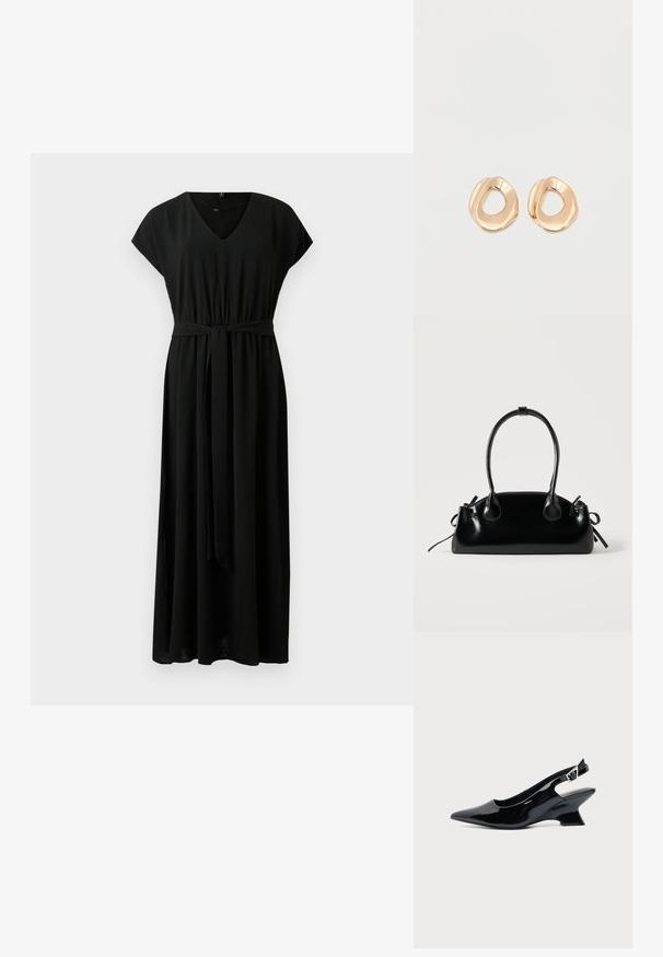Zwarte maxi-jurk met kapmouwen, V-hals, elastische taille en bijpassende spaghetti-riem. Zacht stof met een vloeiende silhouet en geen zichtbare patronen.; Zwarte lakleren slingback schoen met spitse neus en lage schuine blokhak op een effen lichte achtergrond.; Kleine zwarte glanzende handtas met twee lange hengsels en zijkant trekkoord details op een effen lichte achtergrond.; Set van onregelmatig gevormde, gepolijste hoepel oorbellen van goudkleurig metaal met een open midden op een effen witte achtergrond.