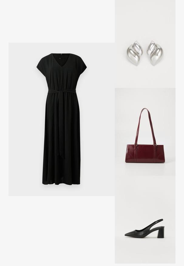 Vestido largo negro con mangas cortas, escote en V, cintura elástica y cinturón a juego. Tela suave con una silueta fluida y sin patrones visibles.; Tacones de slingback de cuero negro con punta afilada y tacón cuadrado. Presentan un diseño recortado y una textura suave, minimalista y moderna.; Bolso burdeos hecho de material brillante, de forma rectangular, con dos asas para el hombro y sutiles acentos curvados en la parte frontal.; Pendientes de plata con una forma orgánica y abstracta. Superficie lisa y brillante con un diseño cónico. Presentan suaves curvas y un detalle de línea central.