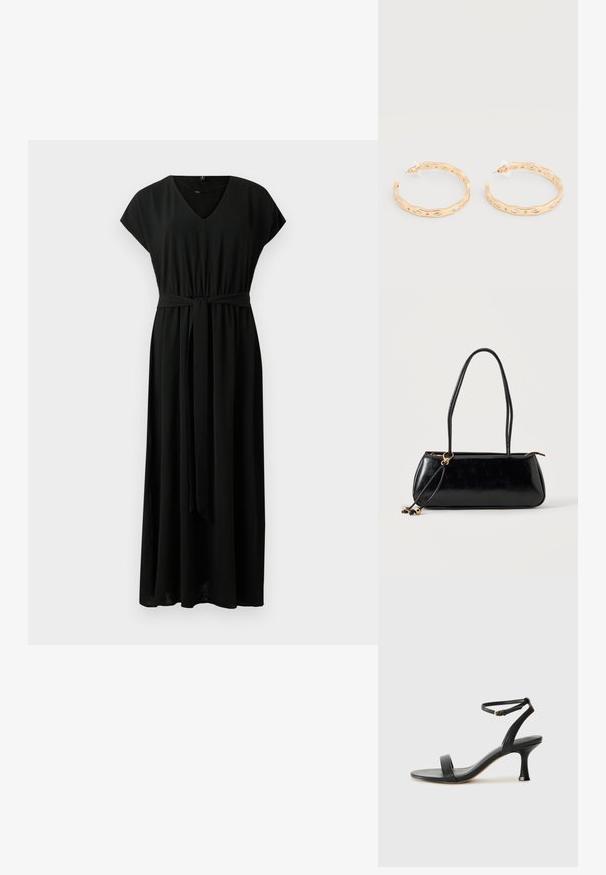 Zwarte maxi-jurk met kapmouwen, V-hals, elastische taille en bijpassende spaghetti-riem. Zacht stof met een vloeiende silhouet en geen zichtbare patronen.; Zwarte leren sandaal met hak en enkelbandje, met een strak ontwerp, open neus en een taps toelopende hak voor een gestroomlijnde silhoutte.; Zwarte rechthoekige handtas met twee lange bandjes, gouden ringdetail en ritssluiting op een effen lichte achtergrond.; Oorringen in goudkleur met een onregelmatig golfpatroon en ingelegde heldere kristalaccenten, bevestigd met achterkantjes van kunststof.
