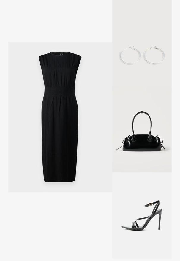 Schwarzes ärmelloses Kleid mit enganliegendem Oberteil, gerafftem Taillenbereich und geradem Rock. Hergestellt aus einem weichen, strukturierten Stoff.; Schwarze Sandale mit hohem Absatz und dünnen Riemen über den Zehen und am Knöchel, mit einer goldenen Schnalle an einem schlanken Stiletto-Absatz.; Kleine schwarze glänzende Handtasche mit zwei langen Griffen und seitlichen Kordelzug-Details vor einfachem hellem Hintergrund.; Paar glänzende silberne Creolen mit dünnen Drahtverschlüssen, dargestellt vor einem hellgrauen Hintergrund.