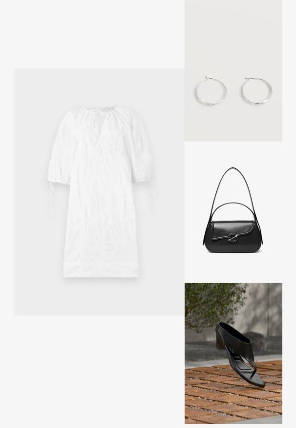 Robe blanche avec de courtes manches bouffantes, tissu texturé, décolleté en V et liens réglables aux poignets. Surface lisse, design arrivant au genou.; Sandale noire à talon haut avec une lanière entre les orteils, flottant au-dessus d'une surface extérieure en bois et gravier à motifs, avec un arrière-plan flou de verdure et un mur.; Sac à bandoulière en cuir noir avec un rabat incurvé fermé par un fermoir métallique rond et une sangle fine et ajustable.; Boucles d’oreilles créoles en métal argenté avec une surface lisse légèrement incurvée et des fermoirs à clapet sur un fond blanc uni.