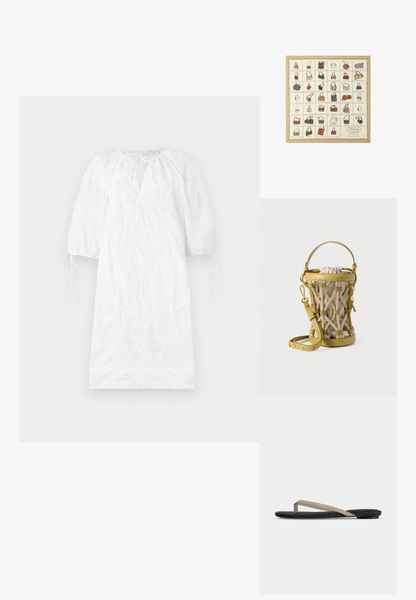 Hvid kjole med korte puffærmer, tekstureret stof, en v-udskæring og justerbare bånd ved ærmerne. Glat overflade, knælængde design.; Flad sort sandal med tekstureret sål og beige vristrem, vist fra siden på en ensartet lys baggrund.; Gitter med 36 illustrerede taskedesigns med navne og en beige ramme, mærket "Coach Leatherware Spring 2026" nederst til højre.; Gul læder bucket taske med beige stofindvendigt og indflettet tyk rebdesign, med en topstrop og justerbar skulderrem.