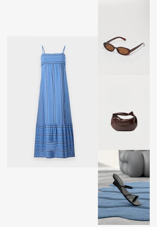 Hollister Co. BABYDOLL MAXI - Maxi šaty - dark blue/white; Čierna sandála s remienkami a slučkou na prst vystavená na modrom textúrovanom koberci, so veľkým sivým dekoratívnym objektom rozmazaným v pozadí.; Okrúhle slnečné okuliare s hnedým nádychom a lesklým burgundským rámom. Úzke ramená s jemným brandovaním. Plochej šošovky dizajn.; Tmavohnedá kožená kabelka cez rameno s mäkkým, voľným tvarom a držadlom v podobe skrúteného uzla na jednoduchom bielom pozadí.