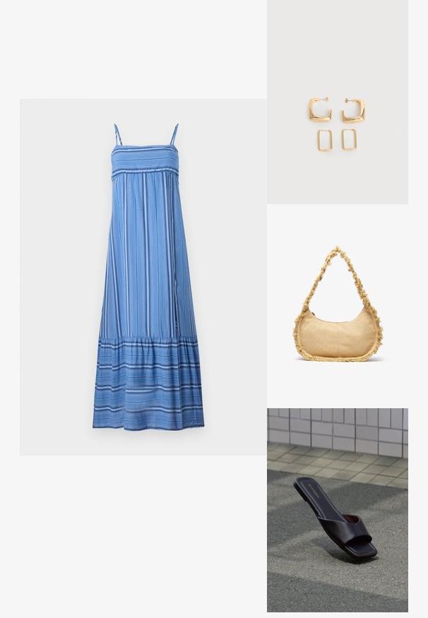 Hollister Co. BABYDOLL MAXI - Maxi šaty - dark blue/white; Tmavohnedá sandála s otvorenou špičkou, štvorcovým tvarom špičky a širokým remienkom, ležiaca na sivom asfalte pri dláždenom chodníku.; Textúrovaná béžová taška so zaobleným tvarom, s rozstrapkaným okrajom a krátkym popruhom na nosenie. Zipsový otvor na vrchu.; Dva páry zlatých geometrických kruhových náušníc na jednoliatej bielej ploche, jeden pár štvorcový a pevný, druhý pár obdĺžnikový a dutý.