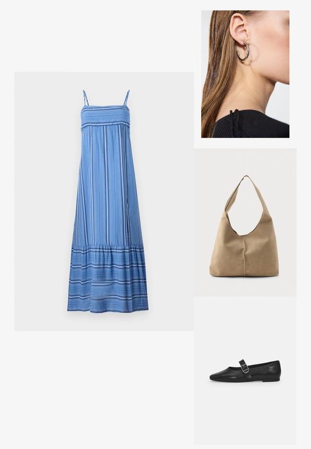 Hollister Co. BABYDOLL MAXI - Μάξι φόρεμα - dark blue/white; Μαύρο δερμάτινο φλατ παπούτσι με στρογγυλή μύτη, μία ρυθμιζόμενη αγκράφα και λεία, γυαλιστερή υφή. Μινιμαλιστικός σχεδιασμός με χαμηλό τακούνι.; Σακίδιο χούμπο από απαλή μπεζ σουέντ με χαλαρή σιλουέτα, φαρδύ ιμάντα ώμου και χειροποίητο ραφή κατά μήκος του μπροστινού μέρους.; Ασημένιο σκουλαρίκι κρίκος με γυαλιστερή φινίρισμα, που διαθέτει μικρές χρυσές λεπτομέρειες και στρογγυλό σχήμα, φορεμένο στον λοβό.