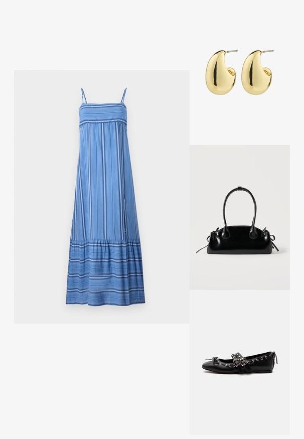 Hollister Co. BABYDOLL MAXI - Maxi šaty - dark blue/white; Čierna plochá baletná topánka s dvojitými prackami, striebornými okami a malou mašličkou pri zaoblenom nose na bielom pozadí.; Malá čierna lesklá kabelka s dvoma dlhými rúčkami a bočnými šnúrkovými detailmi na jednoduchom svetlom pozadí.; Náušnice so zlatým tónom, s hladkým, lesklým povrchom, v abstraktnom tvare slzy. Jednoduchá kovová príchytka na pripnutie.