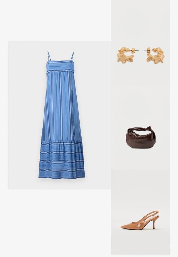Hollister Co. BABYDOLL MAXI - Maxi šaty - dark blue/white; Sandal s úzkym podpätkom a špicatou špičkou v hladkej lesklej hnedej materiáli. Obsahuje zakrivený výrez a štíhly ihlový podpätok. Strieborný prackový detail.; Tmavohnedá kožená kabelka cez rameno s mäkkým, voľným tvarom a držadlom v podobe skrúteného uzla na jednoduchom bielom pozadí.; Náušnice v zlatom odtieni s abstraktným, organickým tvarom, ktoré majú textúrovaný povrch a zapínanie na zadnú zarážku.