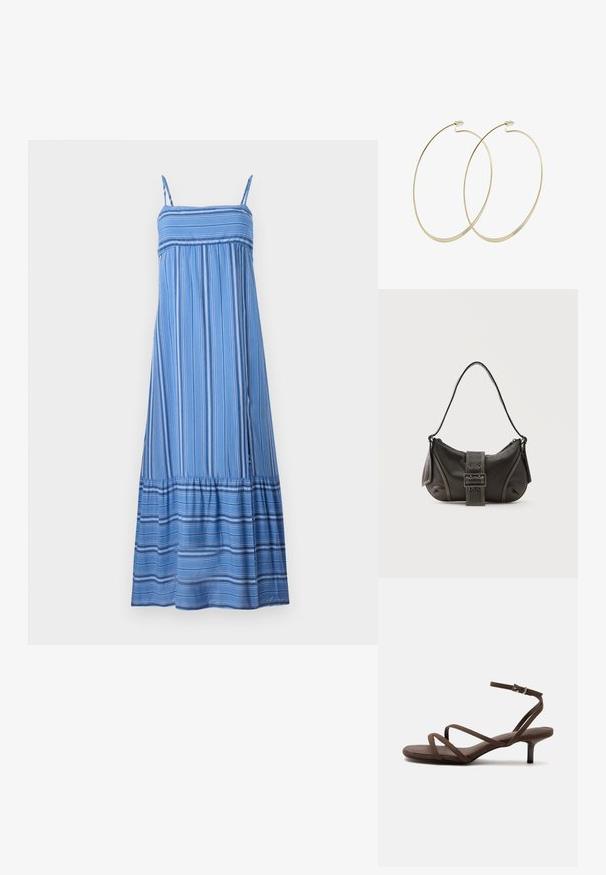 Hollister Co. BABYDOLL MAXI - Maxi šaty - dark blue/white; Hnedá sandála na vysokom opätku s tenkými prekríženými remienkami a remienkom na členok so striebornou prackou na bielom pozadí.; Čierna kožená kabelka cez rameno s detailom prackového popruhu, zaoblenými okrajmi a kontrastným bielym prešívaním na jednoduchom pozadí.; Pilgrim Náušnice - gold-coloured