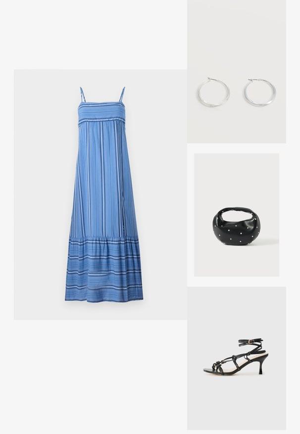 Hollister Co. BABYDOLL MAXI - Maxi šaty - dark blue/white; Čierne lakované kožené sandále na vysokom podpätku s popruhovým dizajnom, nastaviteľným členkovým popruhom a uzlovými detailmi. Hladký povrch, špicatá špička.; Čierna kožená kabelka s zaobleným tvarom, zdobená striebornými cvočkami a krátkym rúčkou. Hladká textúra a zapínanie na zips.; Strieborné kovové kruhové náušnice s hladkým, mierne zakriveným povrchom a zapínaním na poistku na jednoduchom bielom pozadí.